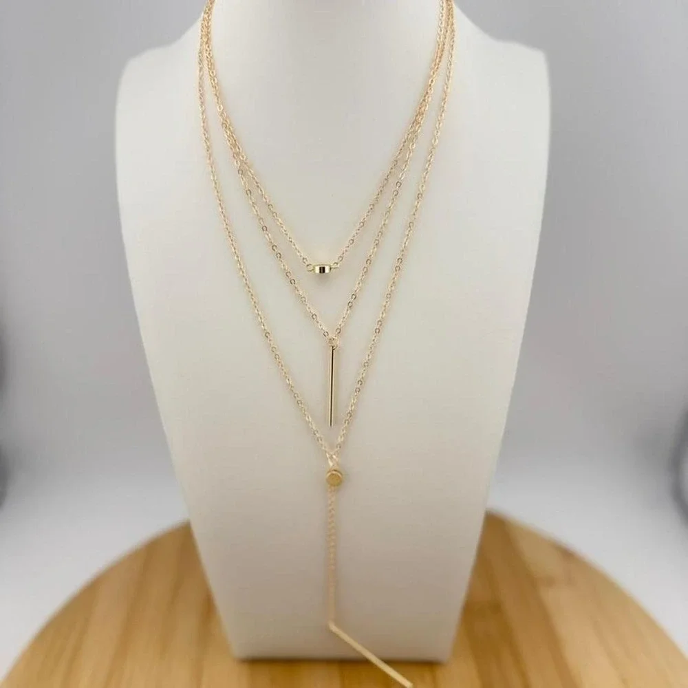Gold Tone Layered Necklace Bar Pendant Y-Drop Lariat Minimalist Design